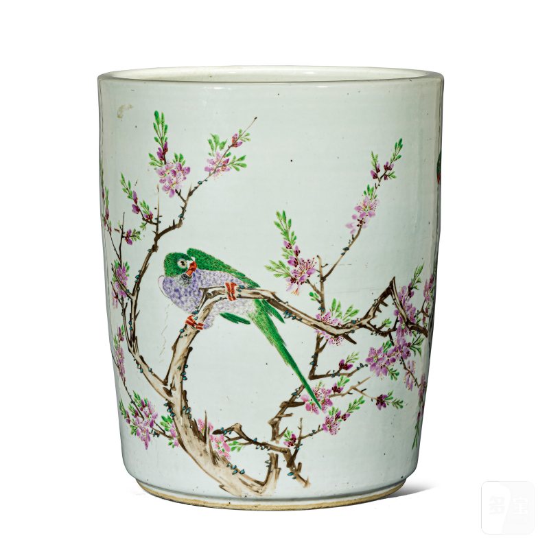 清光绪 金品卿风格浅绛彩桃李鹦鹉图画缸